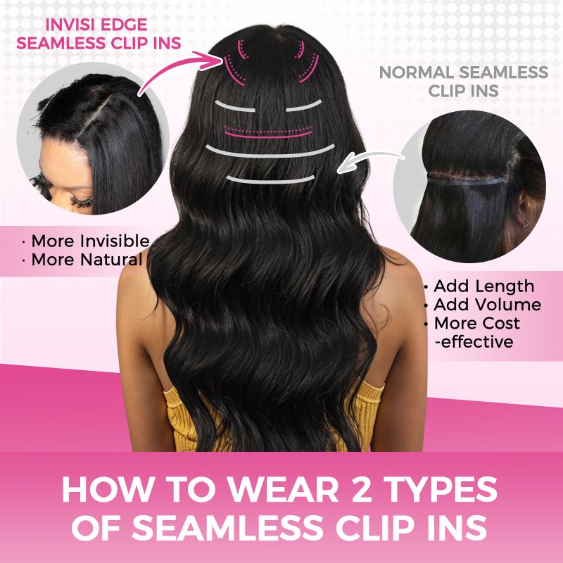 Lashey Invisi Edge & Seamless Clip in Hair Extensions Human Hair, 14 Inch 130g 9pcs(5pcs Invisi Edge& 4pcs Seamless) Real Virgin Human Hair Extensions, Natural Black Body Wave Hair - Image 3