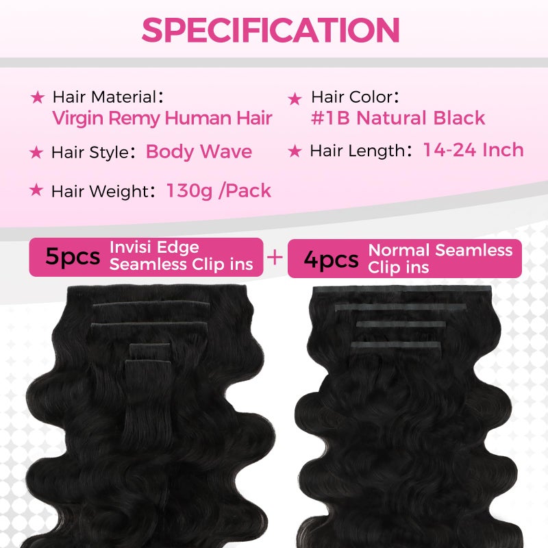 Lashey Invisi Edge & Seamless Clip in Hair Extensions Human Hair, 14 Inch 130g 9pcs(5pcs Invisi Edge& 4pcs Seamless) Real Virgin Human Hair Extensions, Natural Black Body Wave Hair - Image 2
