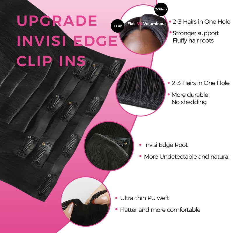 Lashey Invisi Edge & Seamless Clip in Hair Extensions Human Hair, 14 Inch 130g 9pcs(5pcs Invisi Edge& 4pcs Seamless) Real Virgin Human Hair Extensions, Natural Black Body Wave Hair - Image 4