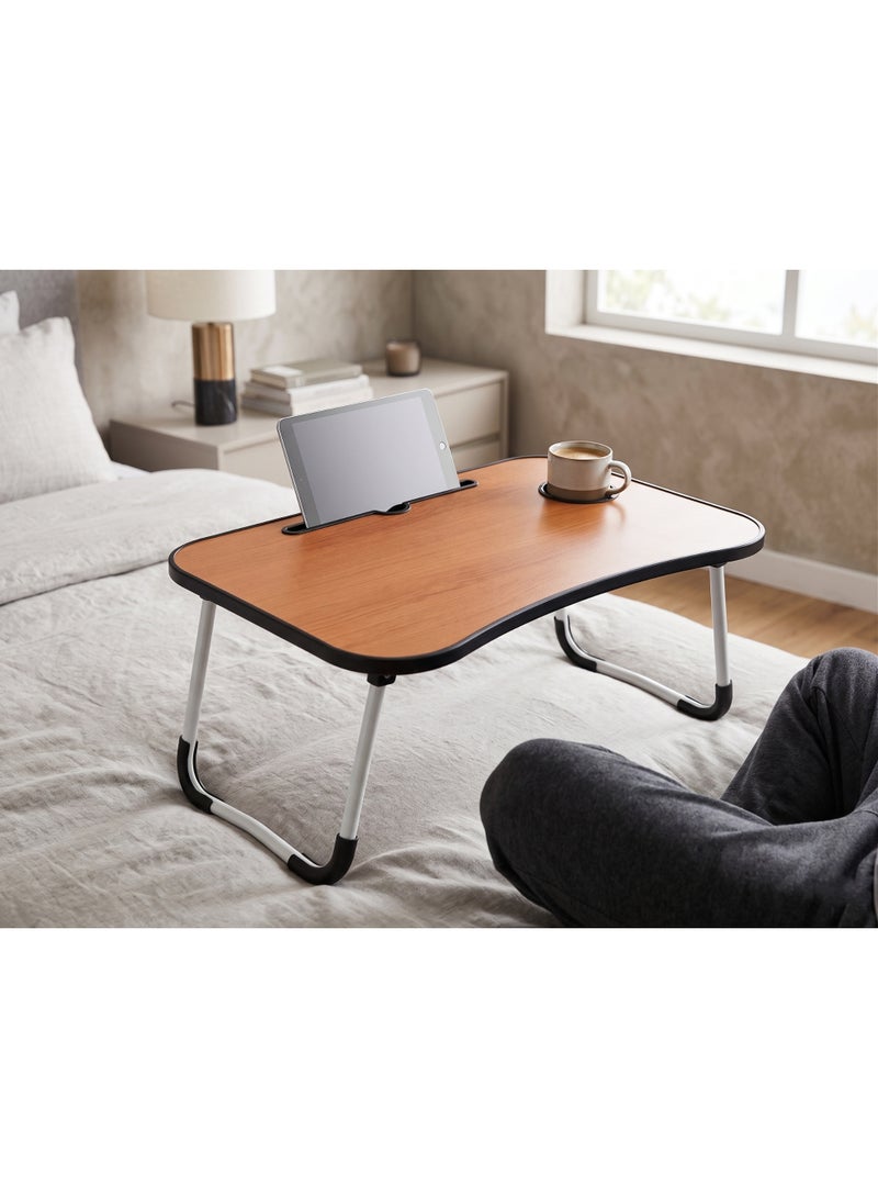 Foldable Bed Table & Laptop Desk with Cup Holder and Tablet Slot, Portable Wooden Lap Tray for Working and Studying - Image 3