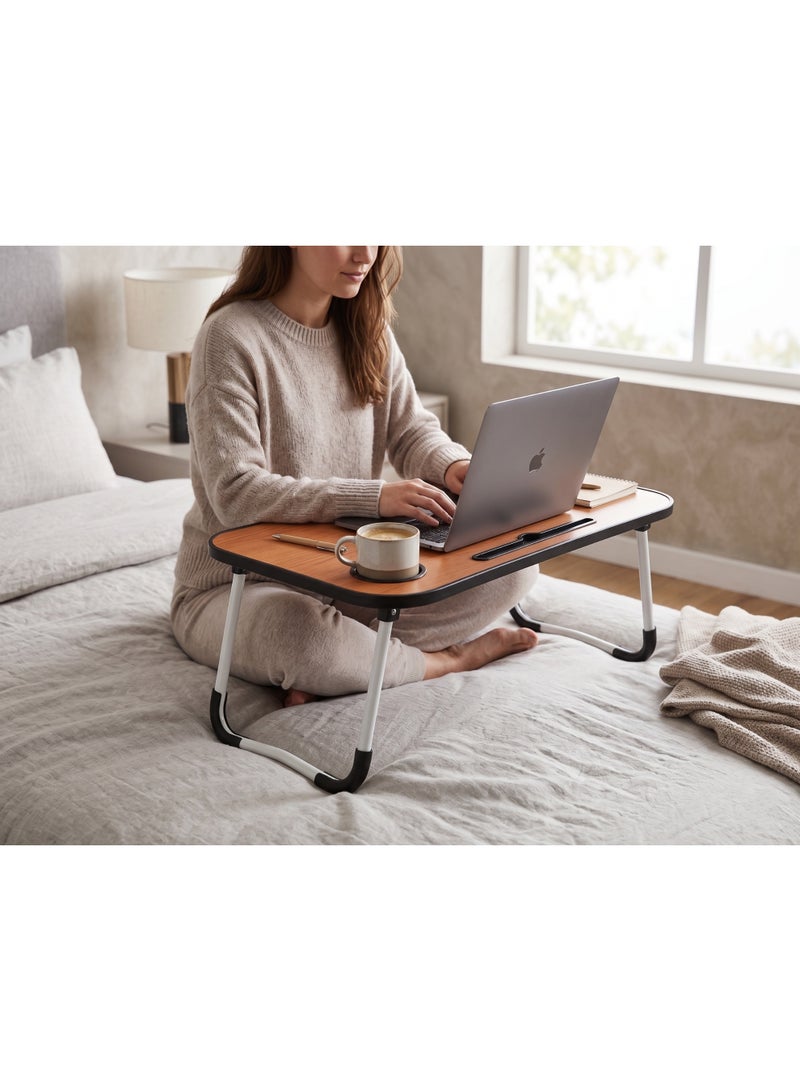 Foldable Bed Table & Laptop Desk with Cup Holder and Tablet Slot, Portable Wooden Lap Tray for Working and Studying - Image 5