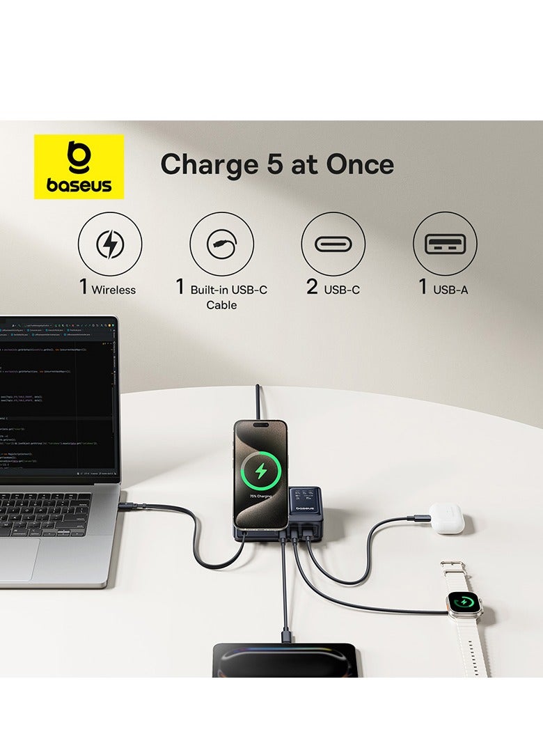 Baseus 5-in-1 Desktop Charger with 100W USB-C Retractable Cable, 2 x 140W PD Type-C Ports, 1 x QC 3.0A USB Port, Qi2 15W Wireless Charging Compatible with iPhone 16/15/14/13/12 Series, MacBook Pro/Air, iPad Pro/Air, Samsung S24/23/Note Series, Air Pods, Switch, Steam Deck, and More Black / Blue - Image 2