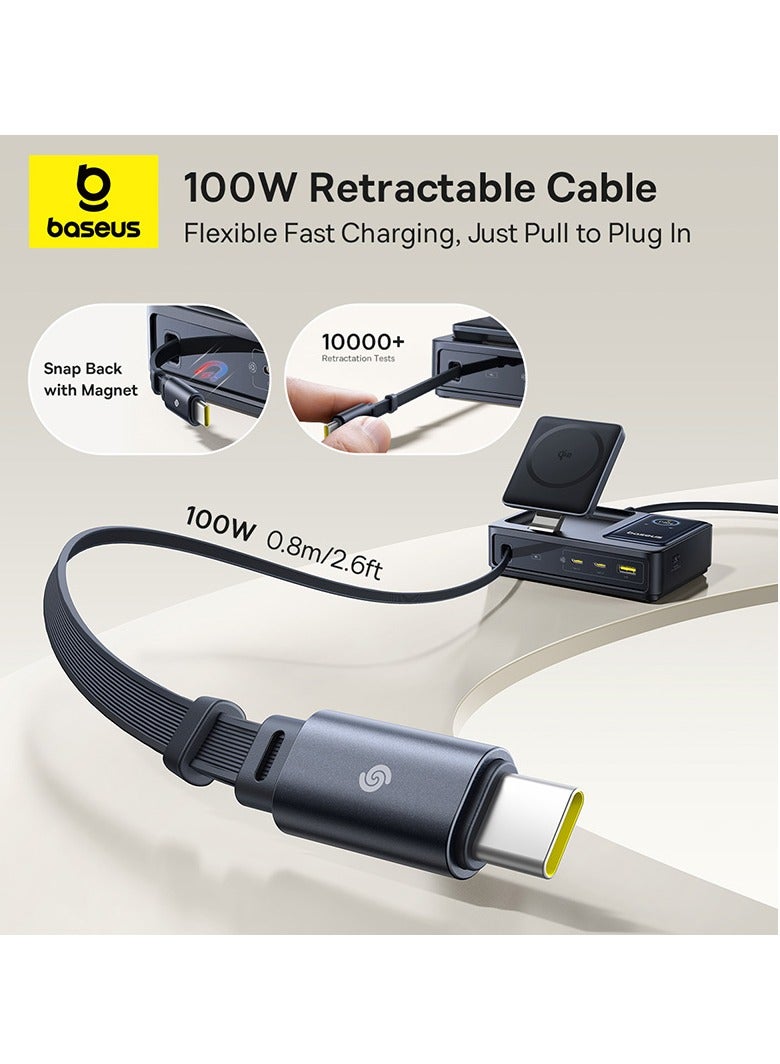 Baseus 5-in-1 Desktop Charger with 100W USB-C Retractable Cable, 2 x 140W PD Type-C Ports, 1 x QC 3.0A USB Port, Qi2 15W Wireless Charging Compatible with iPhone 16/15/14/13/12 Series, MacBook Pro/Air, iPad Pro/Air, Samsung S24/23/Note Series, Air Pods, Switch, Steam Deck, and More Black / Blue - Image 4