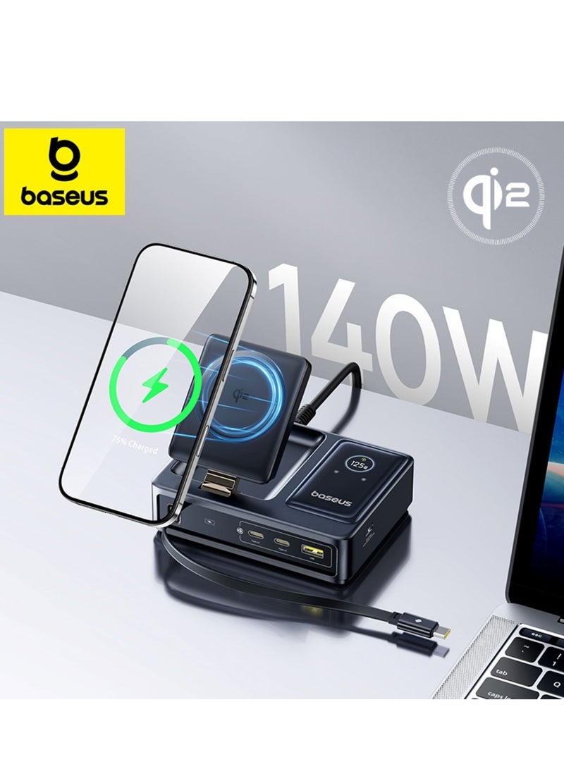 Baseus 5-in-1 Desktop Charger with 100W USB-C Retractable Cable, 2 x 140W PD Type-C Ports, 1 x QC 3.0A USB Port, Qi2 15W Wireless Charging Compatible with iPhone 16/15/14/13/12 Series, MacBook Pro/Air, iPad Pro/Air, Samsung S24/23/Note Series, Air Pods, Switch, Steam Deck, and More Black / Blue - Image 1