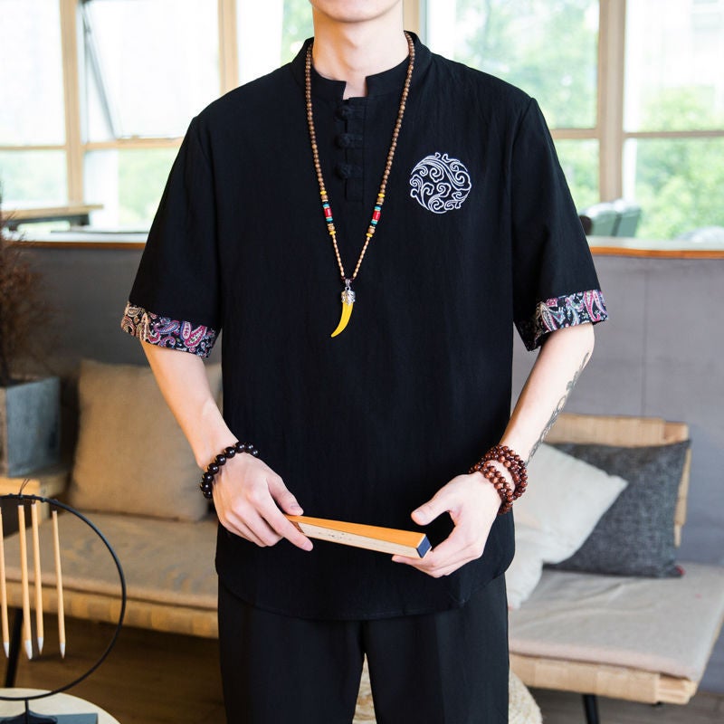 Embroidered Linen Short-sleeved T-shirt Men's Summer Thin Loose Trendy Brand plus size Tang Chinese Style Cotton and Linen Buckle T-shirt - Image 1