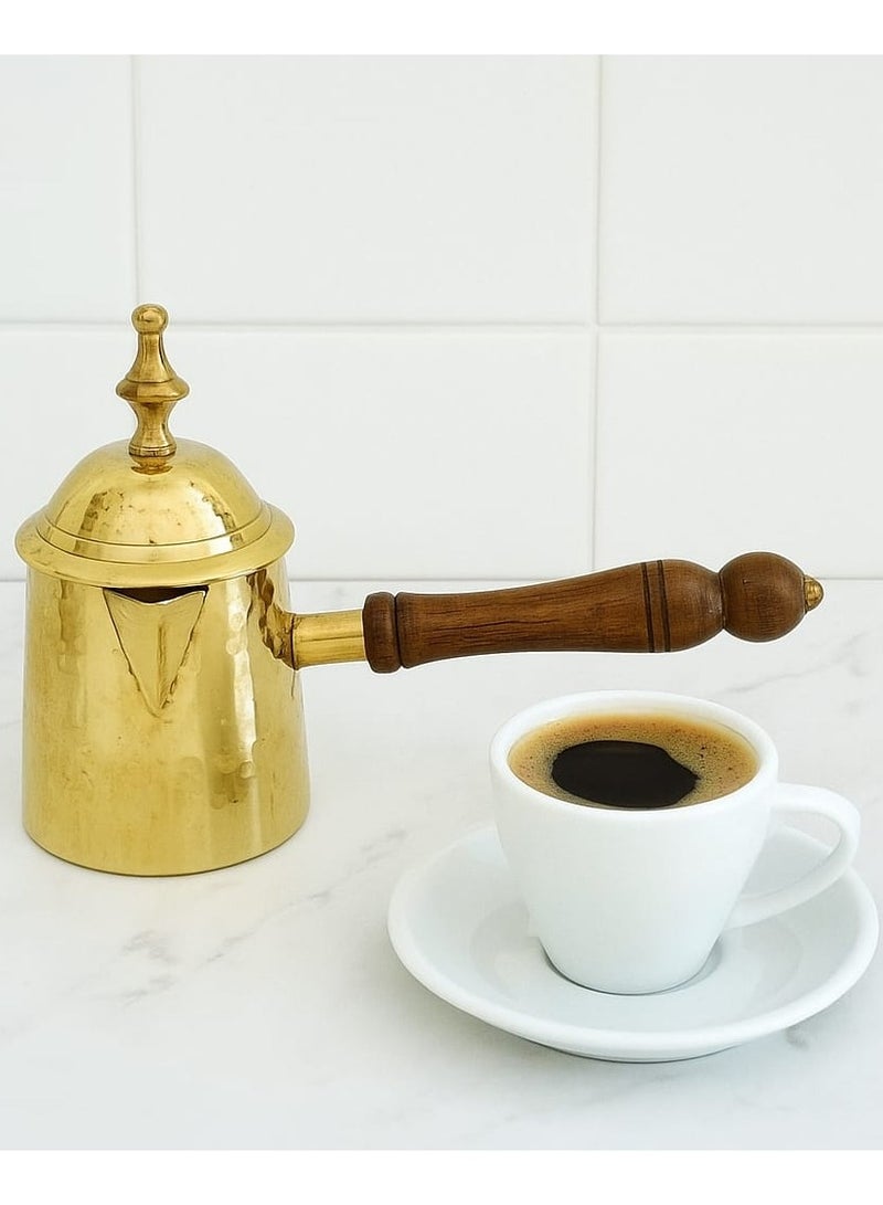 Royal Brass Turkish Coffee Pot with Wooden Handle And with Lid Gold Brass Coffee Warmer 18 Centimeter - Image 1