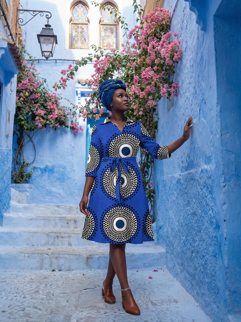 FANDEE Midi Wrap Dress for Women Plus Size Floral Maxi Dress Flowy 3/4 Sleeve with Belt Blue Print 2XL - Image 3