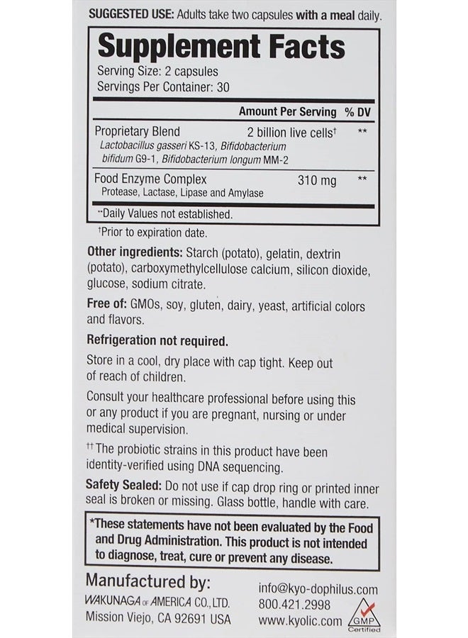 kyolic Kyo-Dophilus Probiotic Plus Enzymes (60-Capsules) - Image 2
