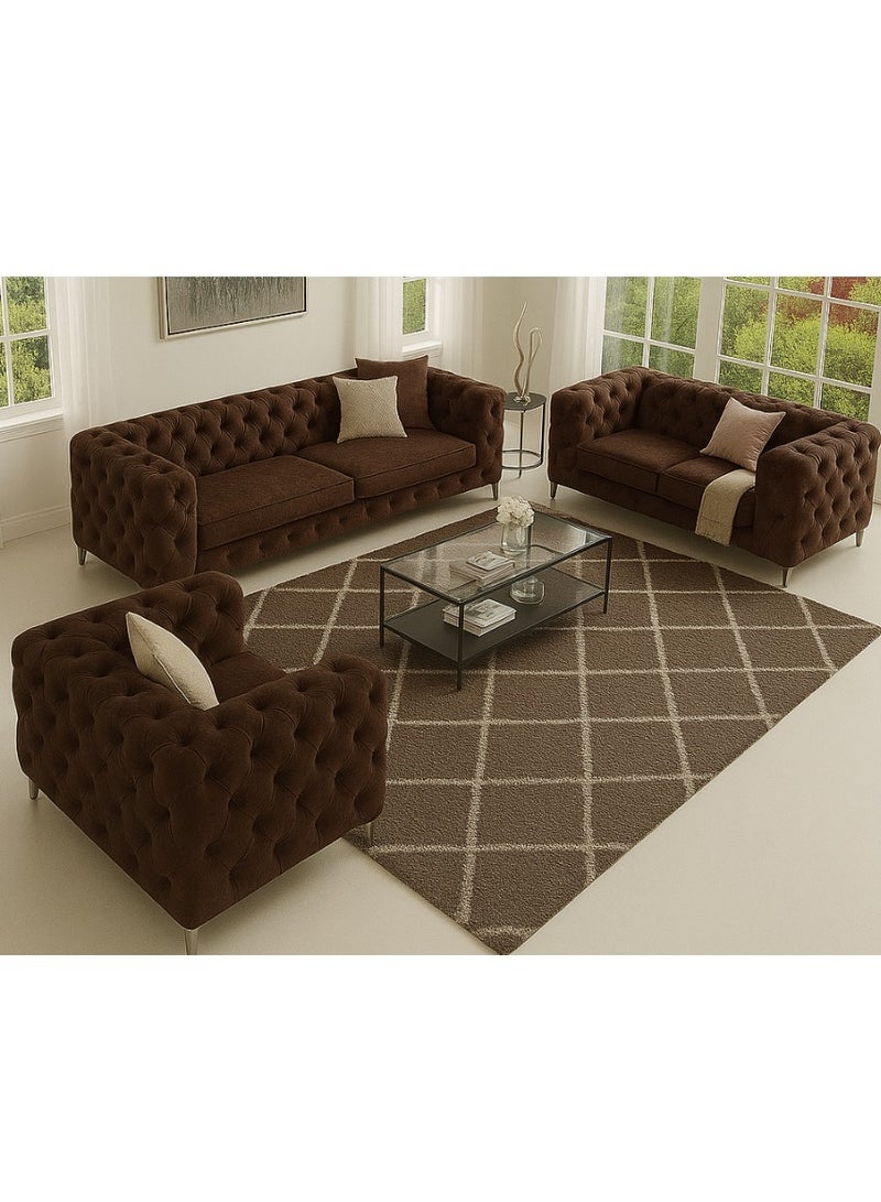 Maharat Al Bahar Maharat Furniture Luxury Chesterfield Sofa Set – 3-Piece Dark Brown Tufted Velvet Living Room Set with Armchair, Loveseat & Sofa – Elegant Modern Design with Metal Legs  - Image 1