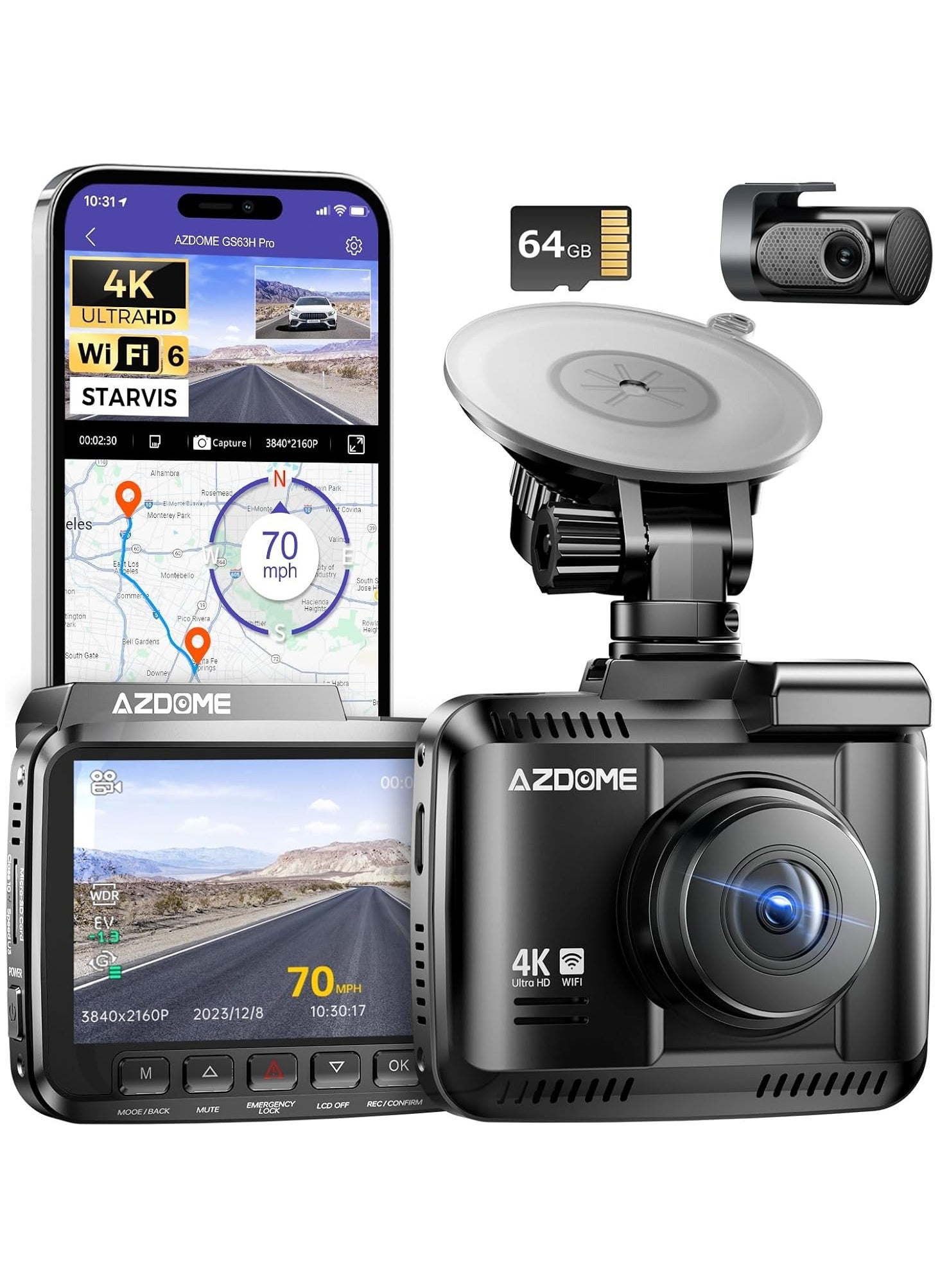 AZDOME كاميرا 4K Dash Cam أمامية وخلفية، كاميرا سيارة 2160P، بطاقة 64 جيجابايت متضمنة، كاميرا WiFi Dash Cam مع GPS وSpeed، كاميرا لوحة القيادة بشاشة 2.4 بوصة مع رؤية ليلية WDR وكشف الحركة ووضع وقوف السيارات على مدار 24 ساعة GS63H Pro 