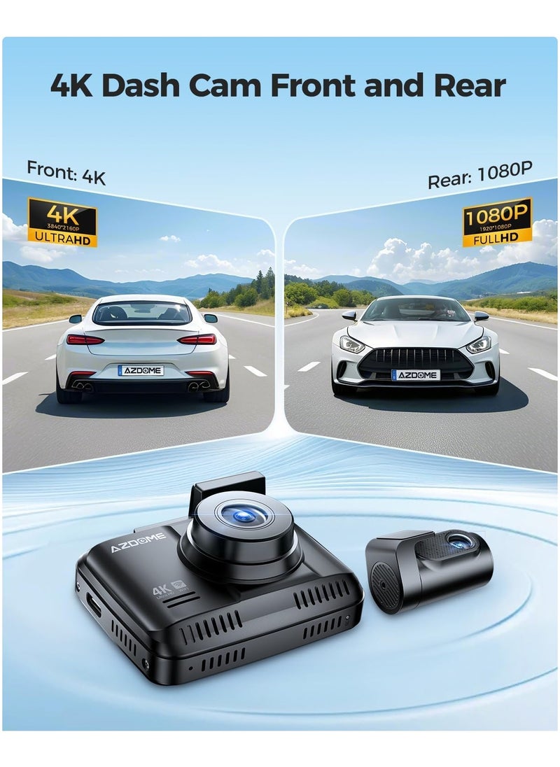 AZDOME - كاميرا 4K Dash Cam أمامية وخلفية، كاميرا سيارة 2160P، بطاقة 64 جيجابايت متضمنة، كاميرا WiFi Dash Cam مع GPS وSpeed، كاميرا لوحة القيادة بشاشة 2.4 بوصة مع رؤية ليلية WDR وكشف الحركة ووضع وقوف السيارات على مدار 24 ساعة GS63H Pro - Image 1