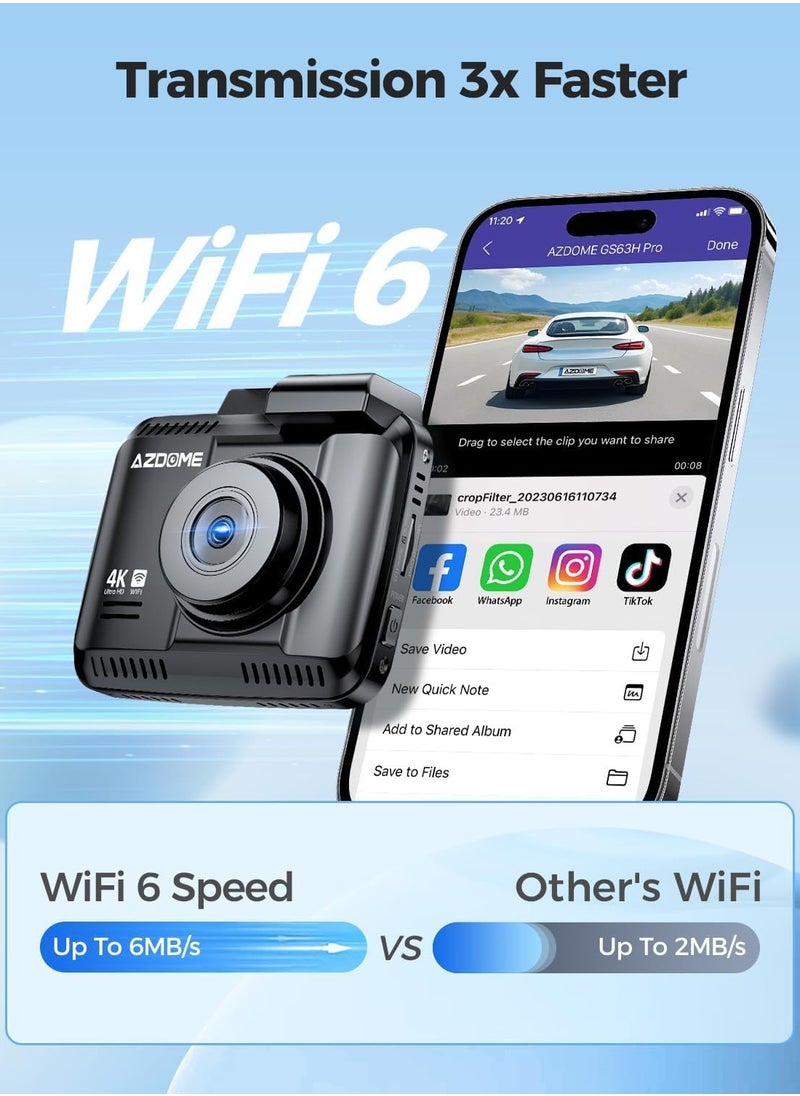 AZDOME - كاميرا 4K Dash Cam أمامية وخلفية، كاميرا سيارة 2160P، بطاقة 64 جيجابايت متضمنة، كاميرا WiFi Dash Cam مع GPS وSpeed، كاميرا لوحة القيادة بشاشة 2.4 بوصة مع رؤية ليلية WDR وكشف الحركة ووضع وقوف السيارات على مدار 24 ساعة GS63H Pro - Image 1