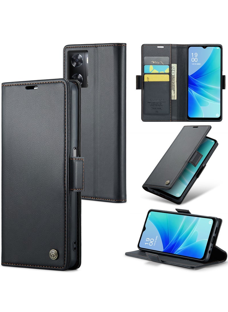 CaseMe - Phone Case Luxury PU Leather Design Anti Fingerprint 023 Flip Cover Card Slot Holder Cover For Oppo A57/ A77/ A57s/ A57E/Oneplus Nord N300/Nord N20 SE (Black) - Image 1