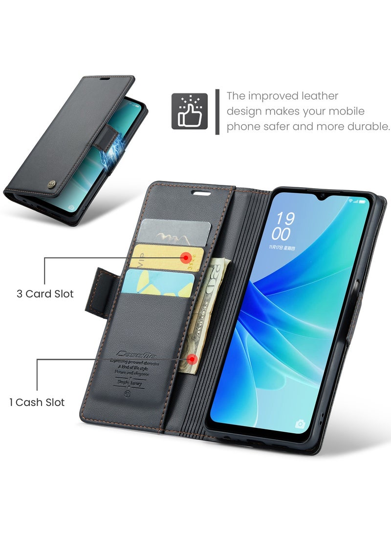 CaseMe - Phone Case Luxury PU Leather Design Anti Fingerprint 023 Flip Cover Card Slot Holder Cover For Oppo A57/ A77/ A57s/ A57E/Oneplus Nord N300/Nord N20 SE (Black) - Image 1