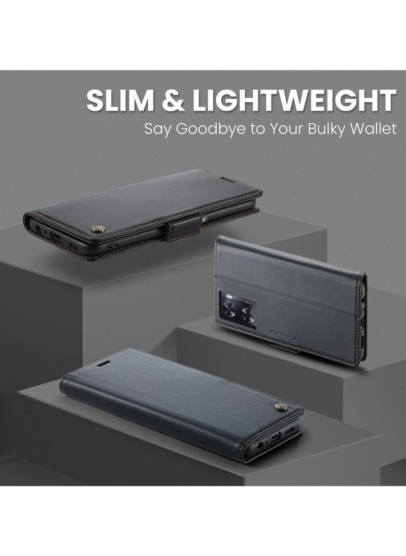 CaseMe - Phone Case Luxury PU Leather Design Anti Fingerprint 023 Flip Cover Card Slot Holder Cover For Oppo A57/ A77/ A57s/ A57E/Oneplus Nord N300/Nord N20 SE (Black) - Image 1