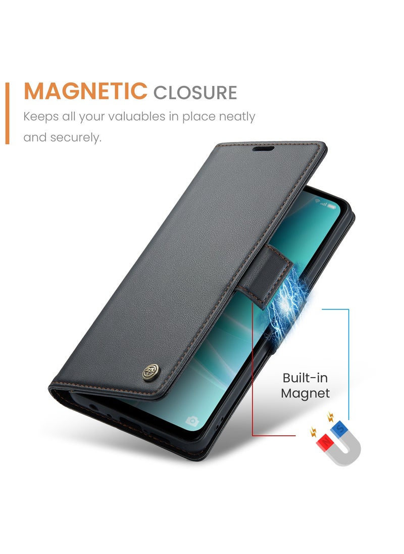 CaseMe - Phone Case Luxury PU Leather Design Anti Fingerprint 023 Flip Cover Card Slot Holder Cover For Oppo A57/ A77/ A57s/ A57E/Oneplus Nord N300/Nord N20 SE (Black) - Image 1