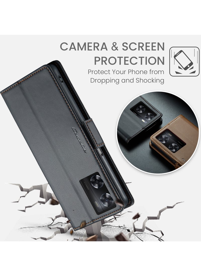 CaseMe - Phone Case Luxury PU Leather Design Anti Fingerprint 023 Flip Cover Card Slot Holder Cover For Oppo A57/ A77/ A57s/ A57E/Oneplus Nord N300/Nord N20 SE (Black) - Image 1