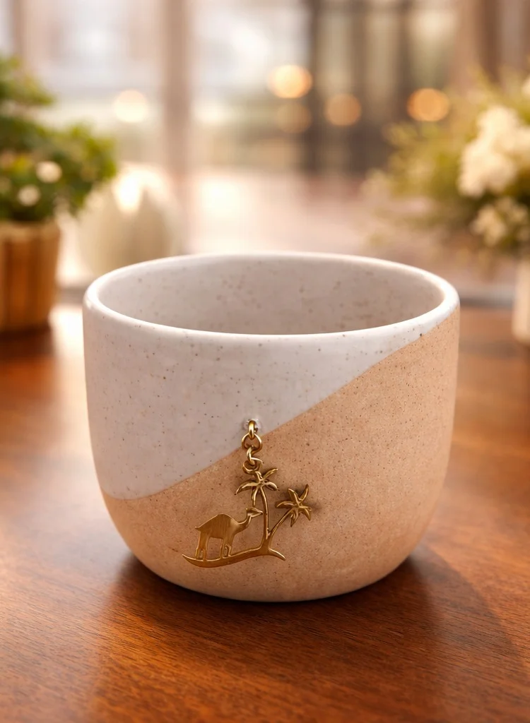 Tohfa Luxe Tohfa Luxe Camel & Palm Handmade Ceramic Coffee Cup – Brass Charm Desert Motif – Sand & White Artisan Drinkware – UAE Souvenir Gift