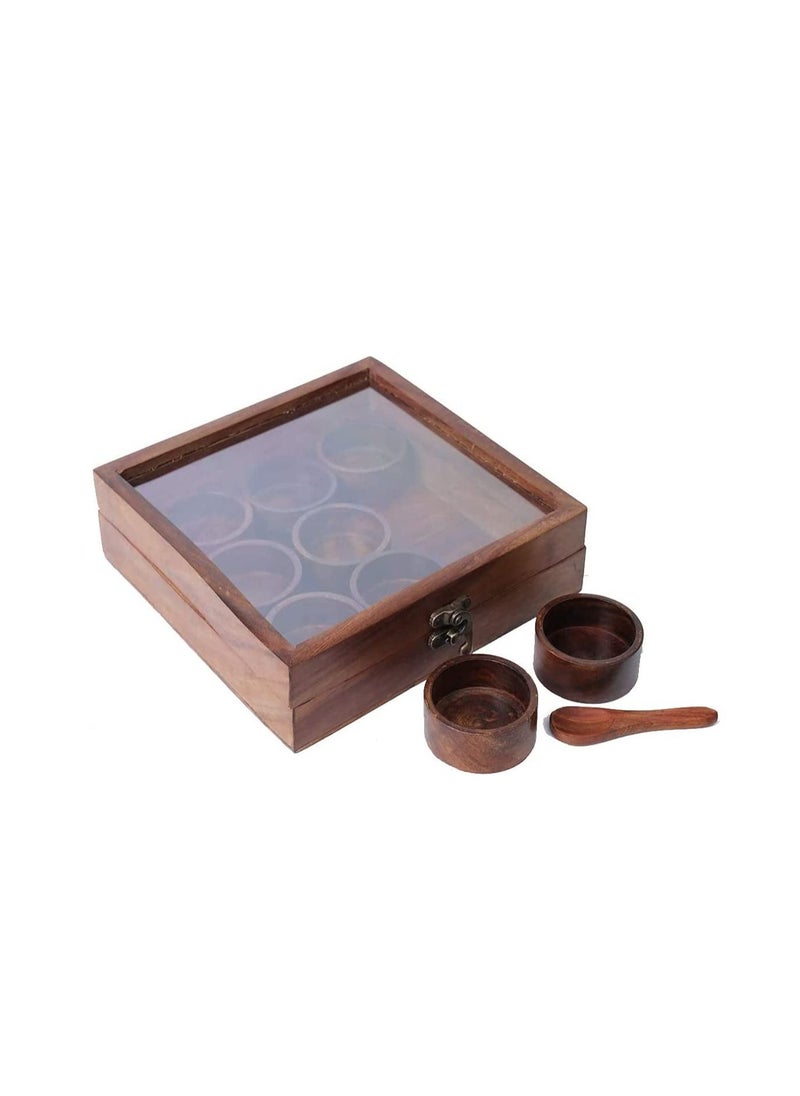 Star Cook - Wooden Glass Spice Box With 9 Round Jar Wooden Spice Rack Organizer And Made By Rose Wood Masala Dabba Wooden Style Spice Storage Box Brown - Image 1
