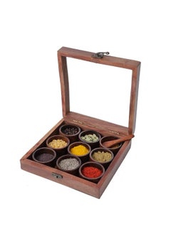 Wooden Glass Spice Box With 9 Round Jar Wooden Spice Rack Organizer And Made By Rose Wood Masala Dabba Wooden Style Spice Storage Box Brown