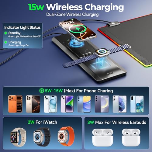 KDD RGB Mouse Pad with Wireless Charging - Desk Mat with Phone Holder and 15W Fast Charger - Gaming Mousepad with Ultra-Smooth Surface, Non-Slip Base - Keyboard Mat for Home Office Gamer Accessories - Image 4