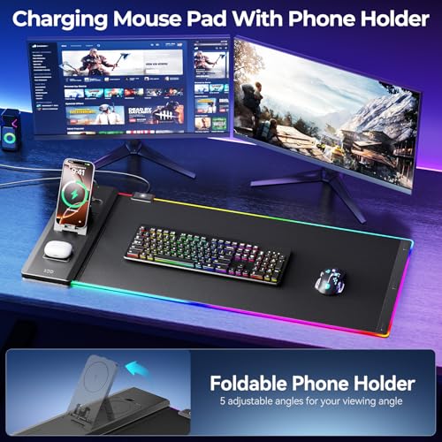 KDD RGB Mouse Pad with Wireless Charging - Desk Mat with Phone Holder and 15W Fast Charger - Gaming Mousepad with Ultra-Smooth Surface, Non-Slip Base - Keyboard Mat for Home Office Gamer Accessories - Image 3