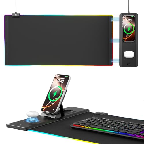 KDD RGB Mouse Pad with Wireless Charging - Desk Mat with Phone Holder and 15W Fast Charger - Gaming Mousepad with Ultra-Smooth Surface, Non-Slip Base - Keyboard Mat for Home Office Gamer Accessories - Image 1