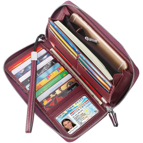 Lavemi Women's RFID Blocking 100% Leather Large Capacity Zip Around Wallet Phone Holder Clutch Travel Purse Wristlet(Large Size Pebbled Dark Magenta) - Image 2