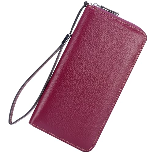 Lavemi Women's RFID Blocking 100% Leather Large Capacity Zip Around Wallet Phone Holder Clutch Travel Purse Wristlet(Large Size Pebbled Dark Magenta) - Image 1