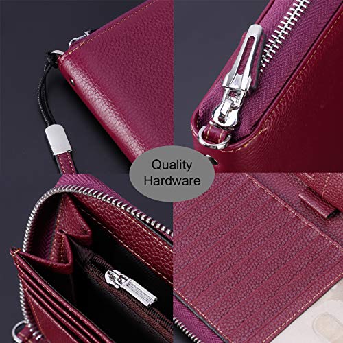 Lavemi Women's RFID Blocking 100% Leather Large Capacity Zip Around Wallet Phone Holder Clutch Travel Purse Wristlet(Large Size Pebbled Dark Magenta) - Image 4