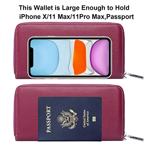 Lavemi Women's RFID Blocking 100% Leather Large Capacity Zip Around Wallet Phone Holder Clutch Travel Purse Wristlet(Large Size Pebbled Dark Magenta) - Image 5