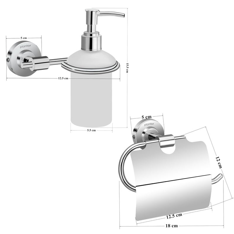 Plantex 304 Grade Stainless Steel Washroom Set of 2 - Toilet Paper Holder/Stand/Liquid Soap Dispenser - Daizy (Chrome) - Image 2