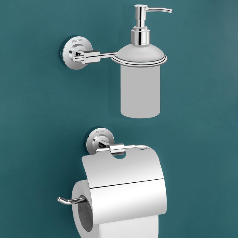 Plantex 304 Grade Stainless Steel Washroom Set of 2 - Toilet Paper Holder/Stand/Liquid Soap Dispenser - Daizy (Chrome) - Image 1