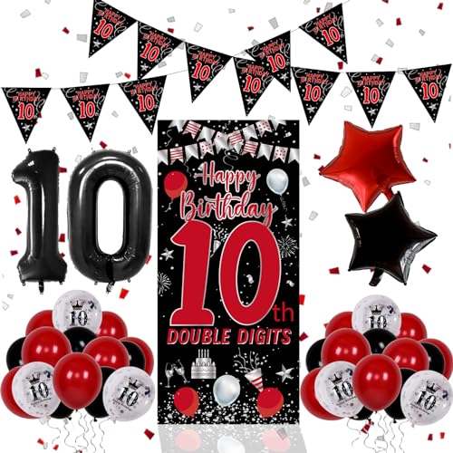 Pounira 10th Birthday Decorations for Boys Girls Double Digits Boy Red Black Happy 10th Birthday Decorations 10 Year Old Birthday Door Banner Sign Triangle Flag Large 10 Balloons Decor Tenth Bday Party - Image 1