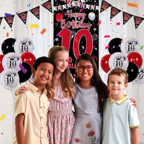 Pounira 10th Birthday Decorations for Boys Girls Double Digits Boy Red Black Happy 10th Birthday Decorations 10 Year Old Birthday Door Banner Sign Triangle Flag Large 10 Balloons Decor Tenth Bday Party - Image 5