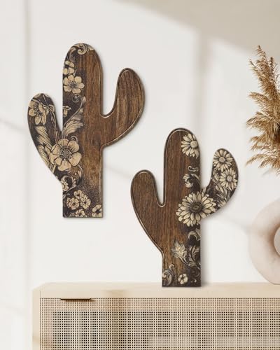 Putuo Decor 2 Pieces Aztec Cactus Decor Farmhouse Wall Decor Rustic Flower Patterns Wood Home Decor for Living Room Bedroom Bathroom Western Decor - Image 1