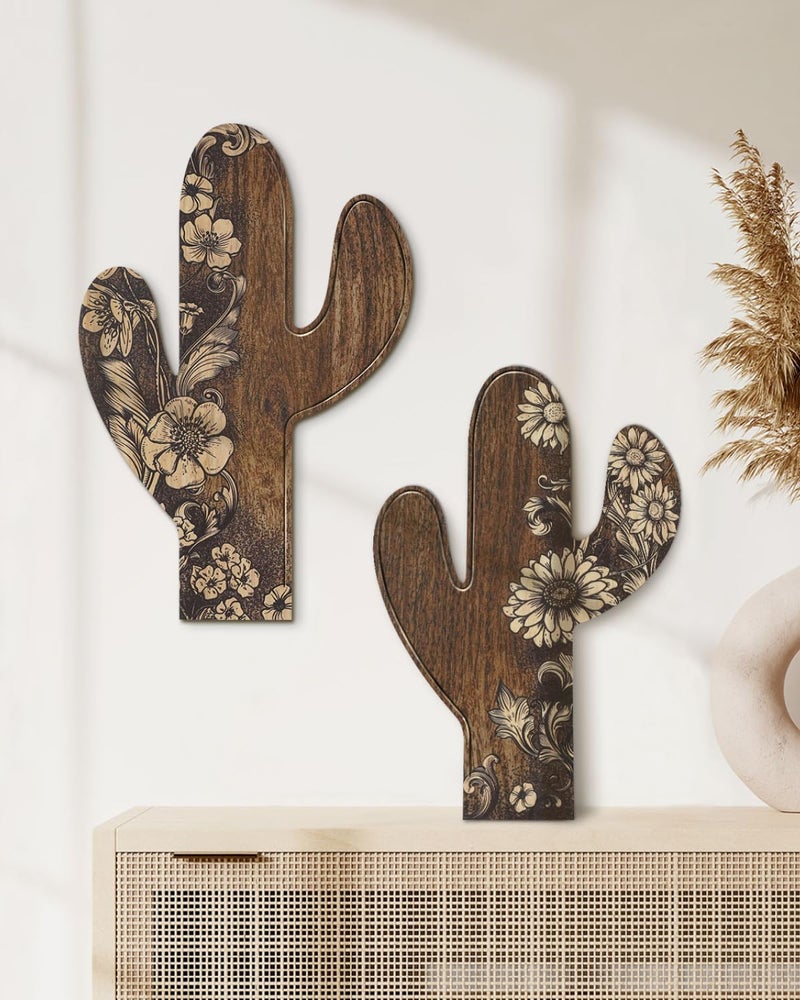 Putuo Decor 2 Pieces Aztec Cactus Decor Farmhouse Wall Decor Rustic Flower Patterns Wood Home Decor for Living Room Bedroom Bathroom Western Decor - Image 2