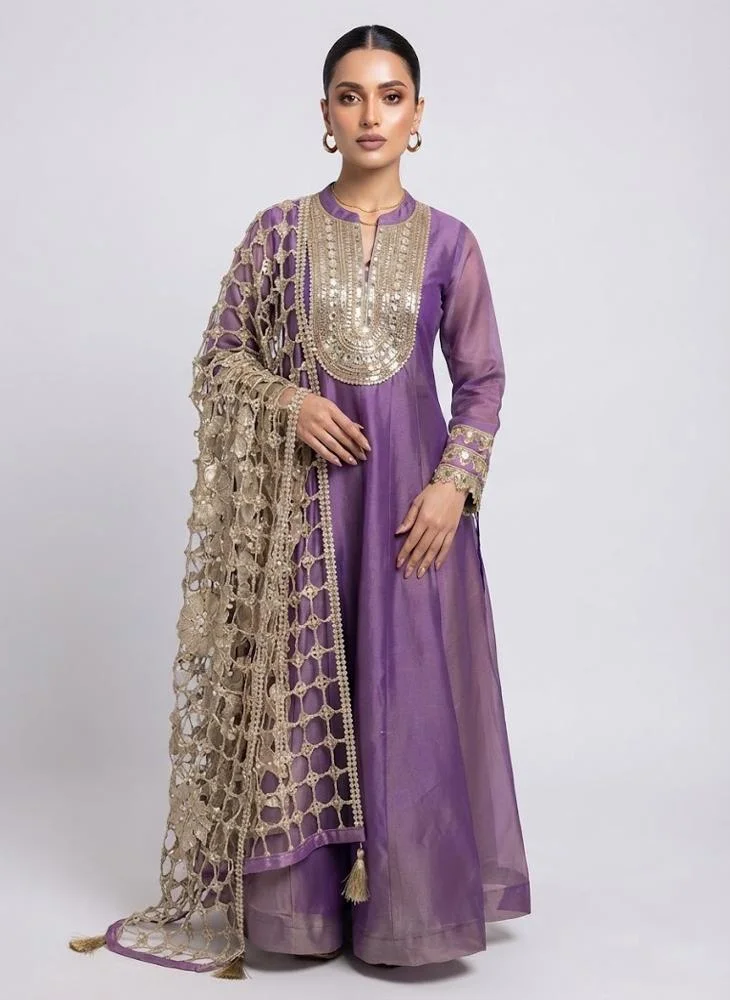 Viny VINY Dark Purple Mirror Work Embellished Anarkali Dress with Dupatta – Women's Indian Ethnic Wear
