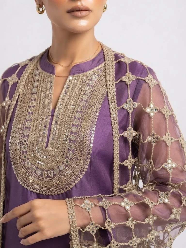 Viny  VINY Dark Purple Mirror Work Embellished Anarkali Dress with Dupatta – Women's Indian Ethnic Wear for Women | Best Price UAE