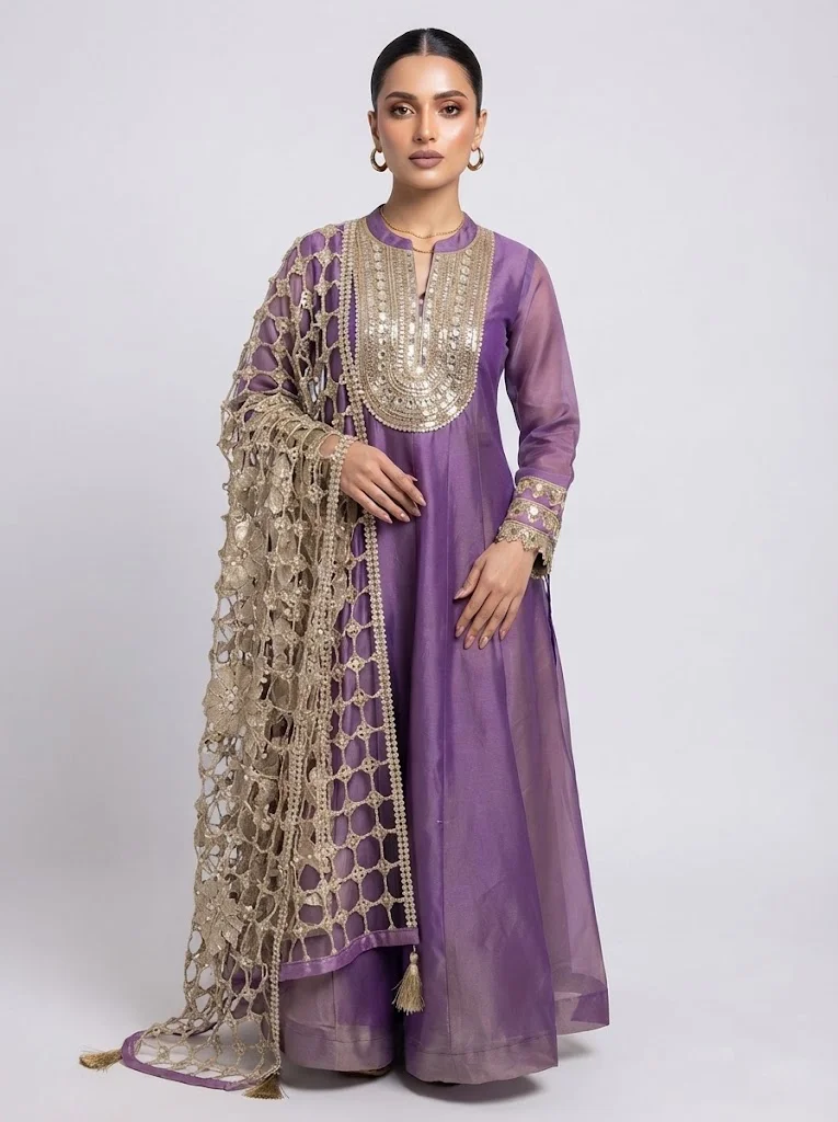 VINY Dark Purple Mirror Work Embellished Anarkali Dress with Dupatta – Women's Indian Ethnic Wear