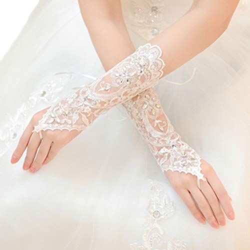 Vivivalue Women Lace Fingerless Elbow Bridal Rhinestone Wedding Party Prom White Gloves - Image 5