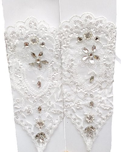 Vivivalue Women Lace Fingerless Elbow Bridal Rhinestone Wedding Party Prom White Gloves - Image 2