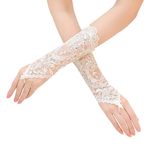 Vivivalue Women Lace Fingerless Elbow Bridal Rhinestone Wedding Party Prom White Gloves - Image 1