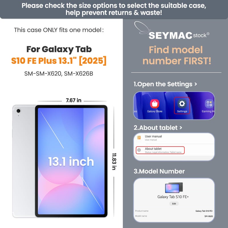 SEYMAC stock حافظة SEYMAC الأصلية لجهاز Samsung Galaxy Tab S10 FE+ Plus 5G اللوحي 13.1'' مع واقي شاشة، حامل قلم، حامل دوار 360 درجة، حزام يد، حزام كتف، أسود1 - Image 2
