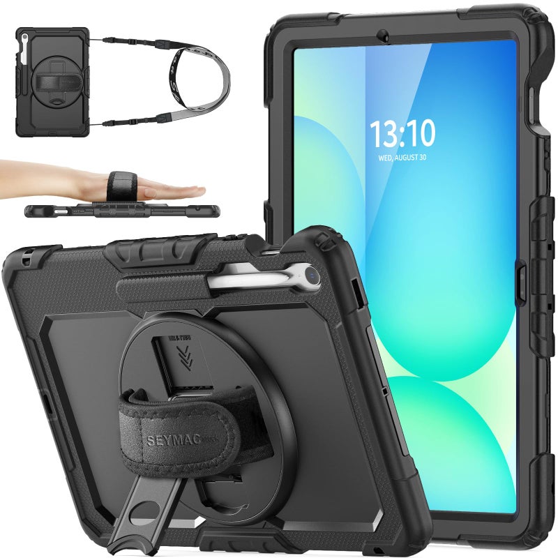 SEYMAC stock حافظة SEYMAC الأصلية لجهاز Samsung Galaxy Tab S10 FE+ Plus 5G اللوحي 13.1'' مع واقي شاشة، حامل قلم، حامل دوار 360 درجة، حزام يد، حزام كتف، أسود1 - Image 1