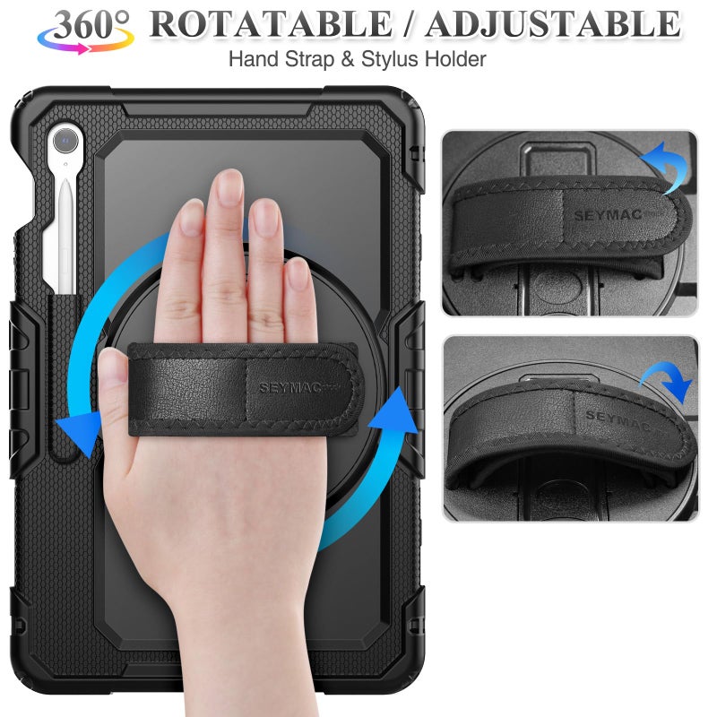 SEYMAC stock حافظة SEYMAC الأصلية لجهاز Samsung Galaxy Tab S10 FE+ Plus 5G اللوحي 13.1'' مع واقي شاشة، حامل قلم، حامل دوار 360 درجة، حزام يد، حزام كتف، أسود1 - Image 4