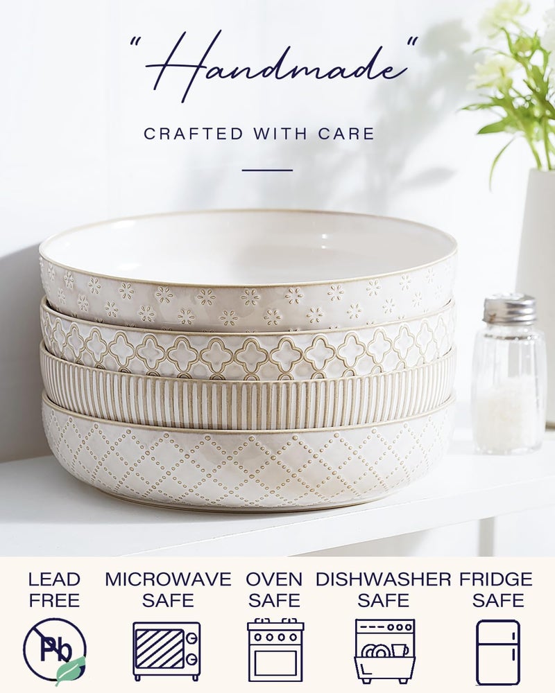 GET STAR Pasta Bowls, Large Salad Serving Bowls (8.2 inch/35 oz), Ceramic Bowl Plates Set of 4, Farmhouse Embossments, Microwave and Dishwasher Safe - Image 4