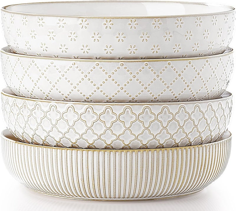 GET STAR Pasta Bowls, Large Salad Serving Bowls (8.2 inch/35 oz), Ceramic Bowl Plates Set of 4, Farmhouse Embossments, Microwave and Dishwasher Safe - Image 1
