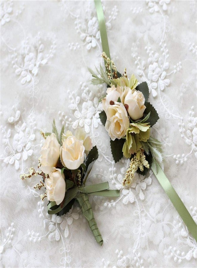 Flonding Rose Wedding Wrist Corsage and Boutonniere Set Party Prom Hand Ribbon Flower Suit Decor (Beige) - Image 1
