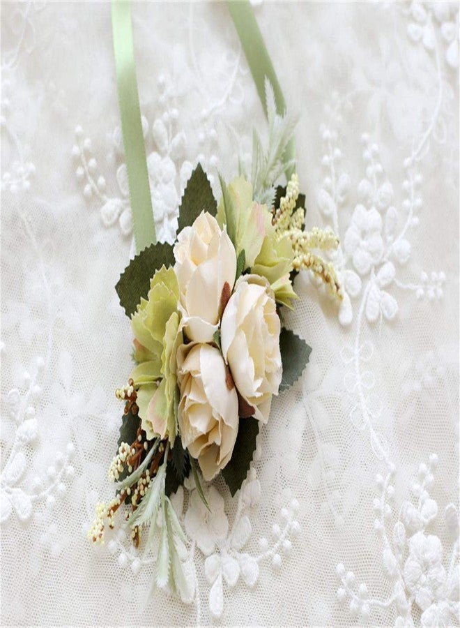 Flonding Rose Wedding Wrist Corsage and Boutonniere Set Party Prom Hand Ribbon Flower Suit Decor (Beige) - Image 3